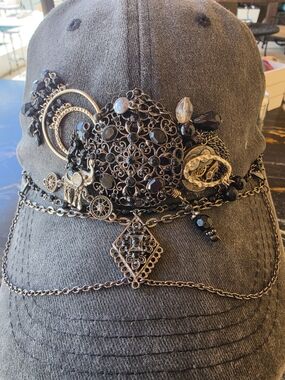 Embellished Gray Baseball Cap with Black Filigree Accents